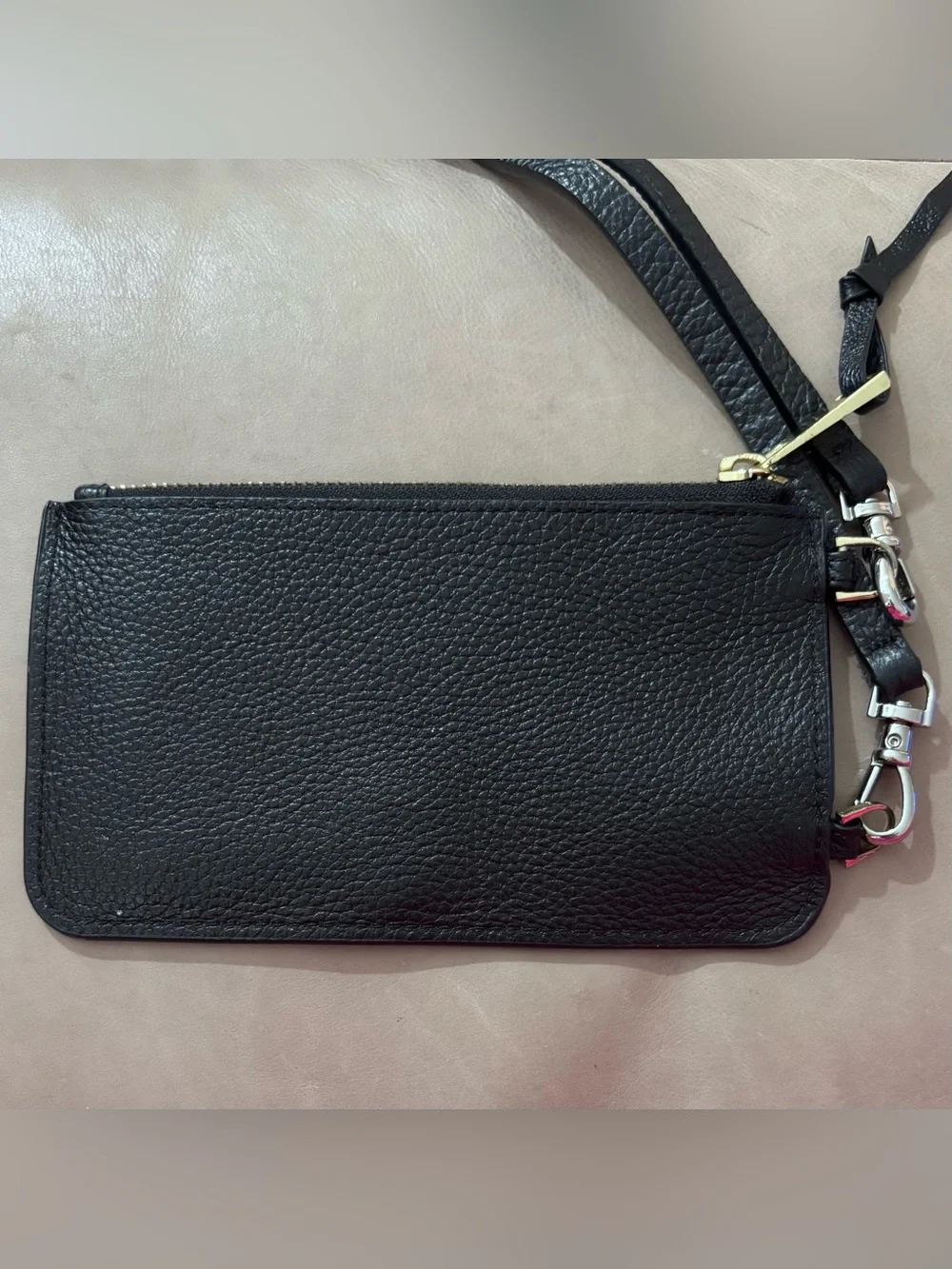 Bandolier Expanded Zip Pouch Black Pebbled Leather Crossbody Wallet with Strap